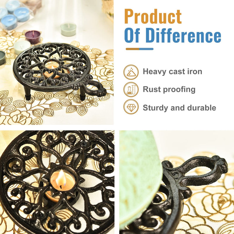 Sungmor Cast Iron Teapot Warmer Dish Cups Heater Pot Trivet - Rustic & Graceful Pattern Design with Tealight Holder - Heavy Duty & Decorative Candle Holder Stands for Heat Food Coffee Milk or Tea