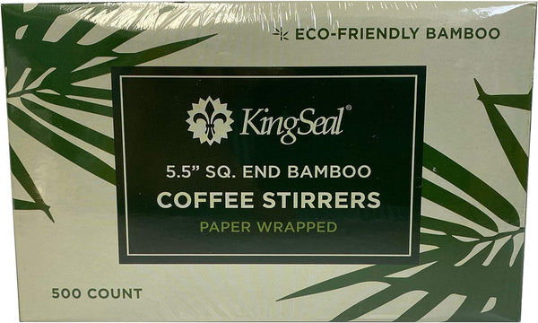 KingSeal Individually Paper Wrapped Bamboo Coffee Stir Sticks, 5.5 inches, Square End, 100% Renewable and Biodegradable - 1 Box of 500 Each