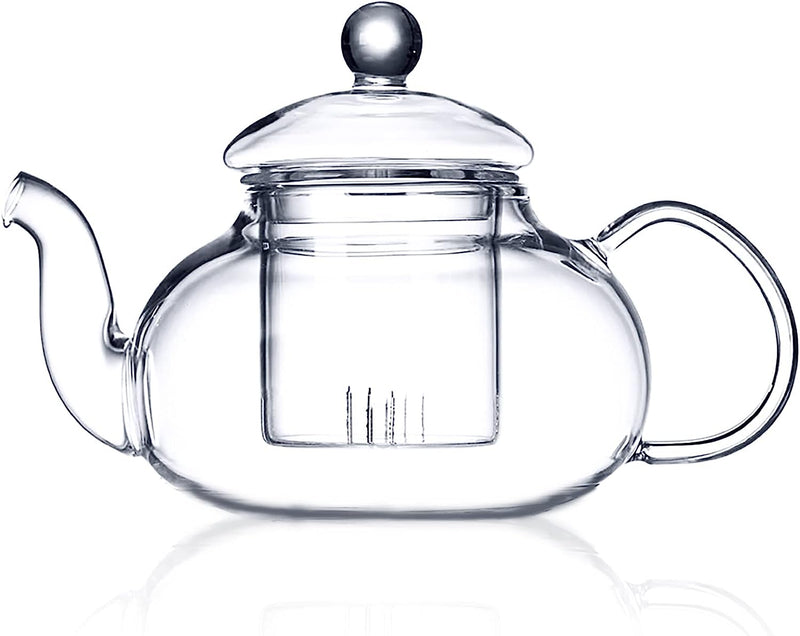 Adorable Full Glass Kettle Teapot Set with Removable Infuser Strainer and 4 Cups and Saucers and Heart Shaped Candle Holder Warmer Heating Base for Tea Blooming Loose Leaf Home Women Gift