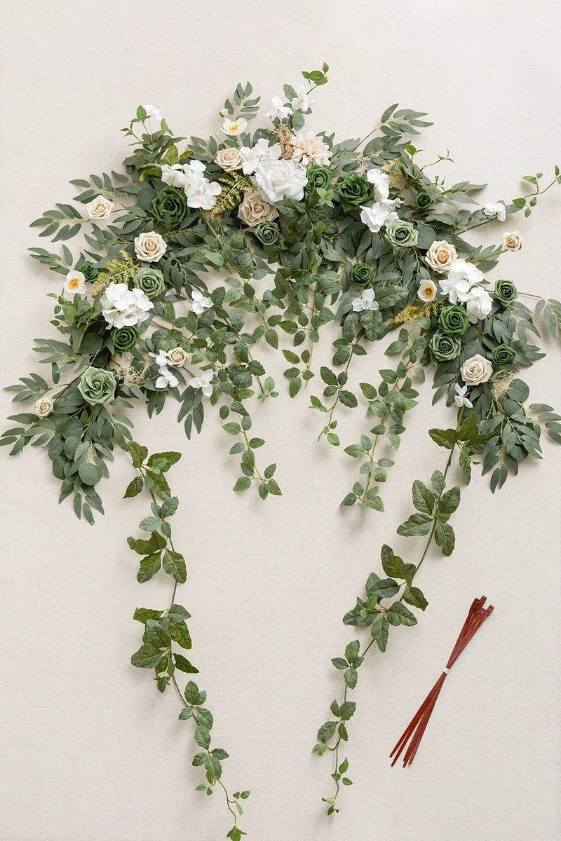 65ft Flower Garland with Hanging Rose Leaves in Emerald  Tawny Beige