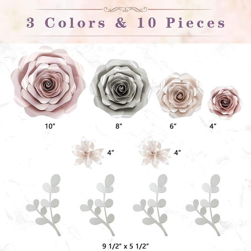 10-Pc Paper Flower Wall Decor Set for Wedding Shower Nursery Decor - Pink Gray Off-White