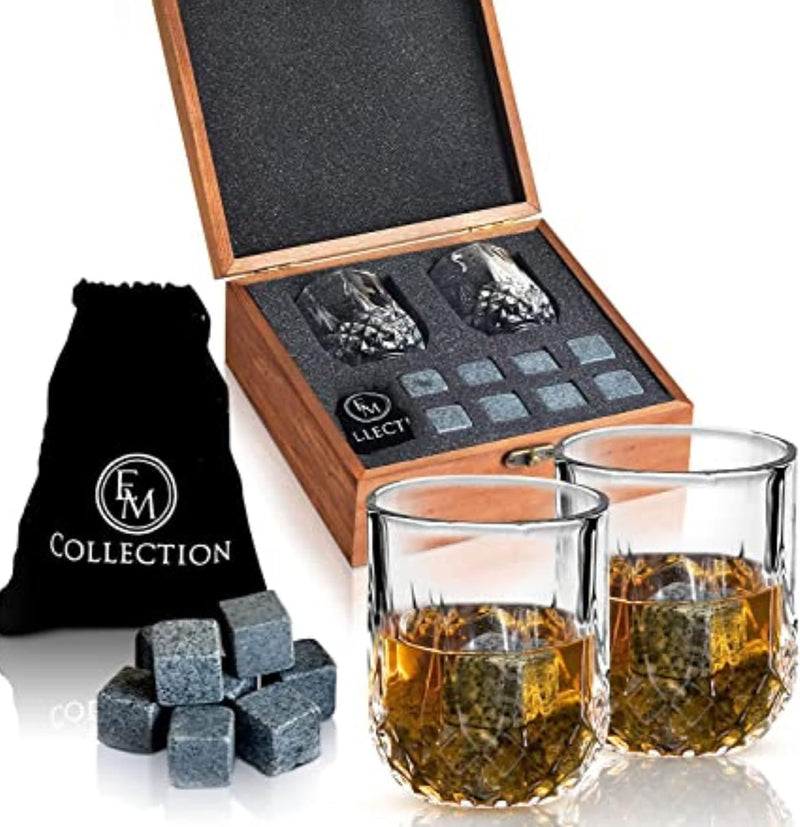 EMCOLLECTION Whiskey Glasses Gifts Set for Men | Wisky Stones Gift set | Bourbon Glass | Bar Accessories | Rocks Glasses (Whiskey Set of 2 Small Glass)