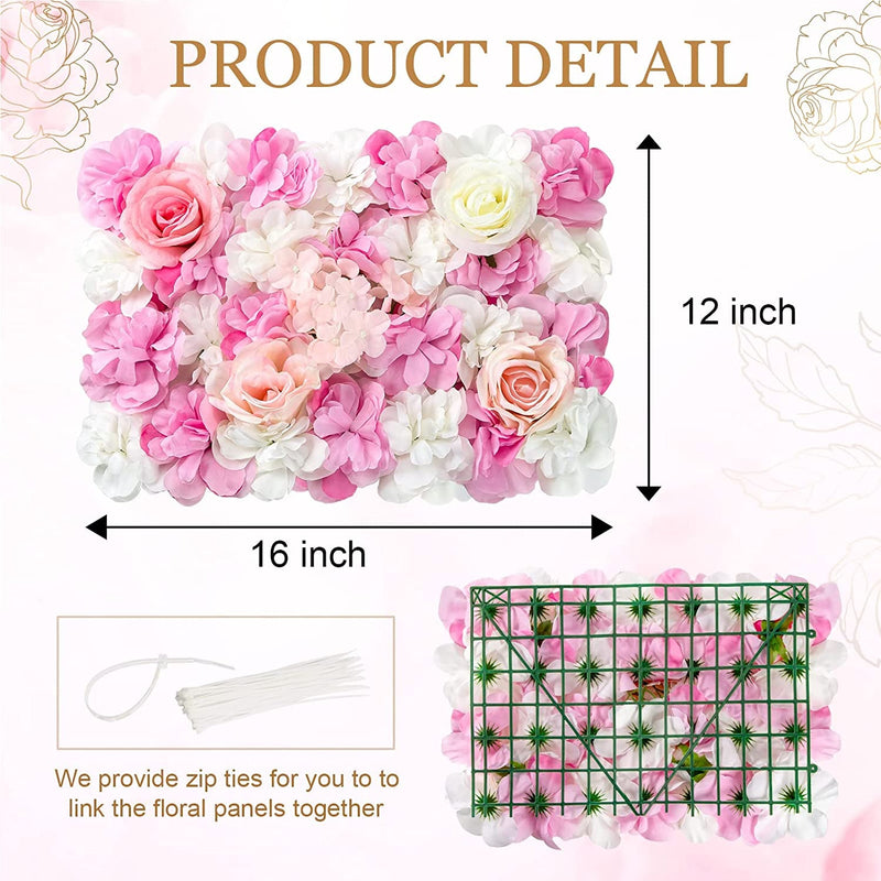 Flower Wall Panel Set - 4 Pack Artificial Silk Rose Panels for Decor Wedding Party Backdrop Decoration - 12 x 16