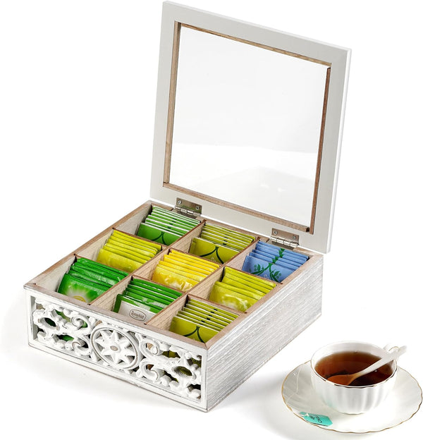 AHUONEL Tea Bag Organizer Wooden Tea Box for Tea Bags, Tea Organizer 9 Compartments Tea Chest Storage Box with Clear Lid, Tea Bag Holder Tea Caddy for Tea Coffee Sugar, Home Kitchen Office, White