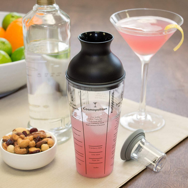 16oz Cocktail Shaker Bar Set- Includes Measuring Jigger, Strainer, 6 Printed Mixed Drink Recipe Measurements on Bottle-Bartender Tool Kit for Mojitos, Martinis & More-Great for Holiday Parties & Gifts