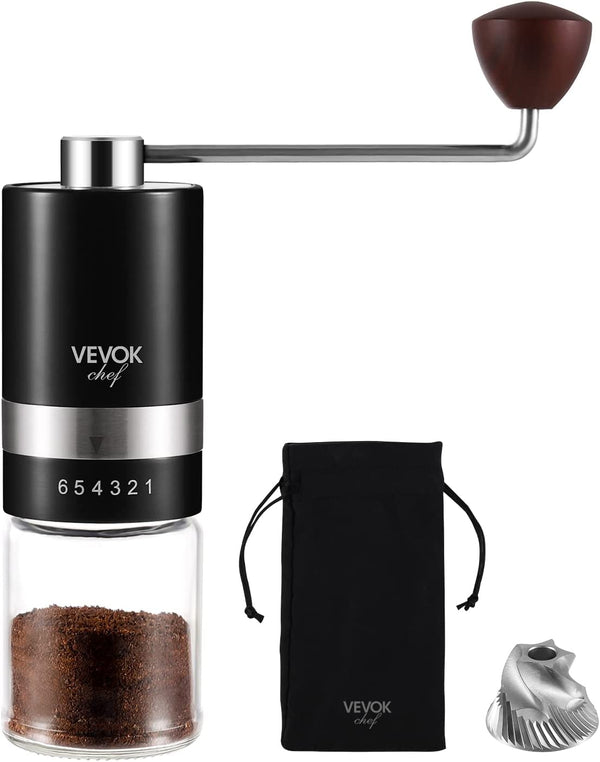 VEVOK CHEF Manual Coffee Grinder Hand Coffee Grinder 6 External Adjustable Setting Stainless Steel Conical Burr Coffee Mill Portable Hand Crank Coffee Bean Grinder Fine for Espresso