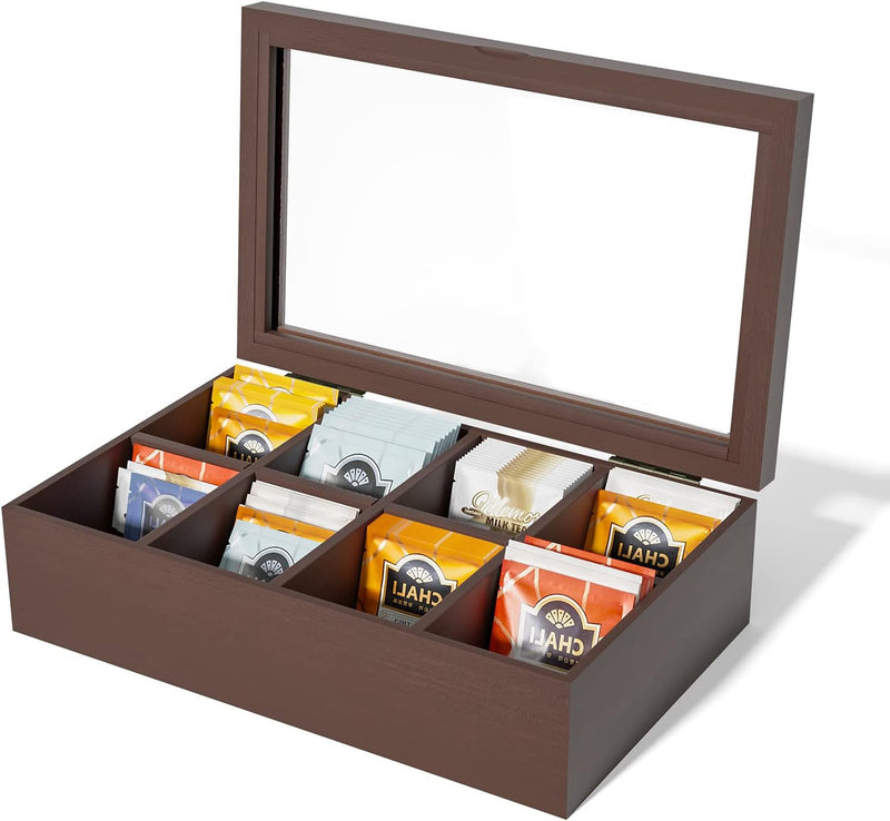 Alsonerbay Wooden Tea Box Tea Bag Holder Kitchen Storage Chest Box for Spice Pouches and Sugar Packets with 8 Compartments and Glass Window Weathered Black