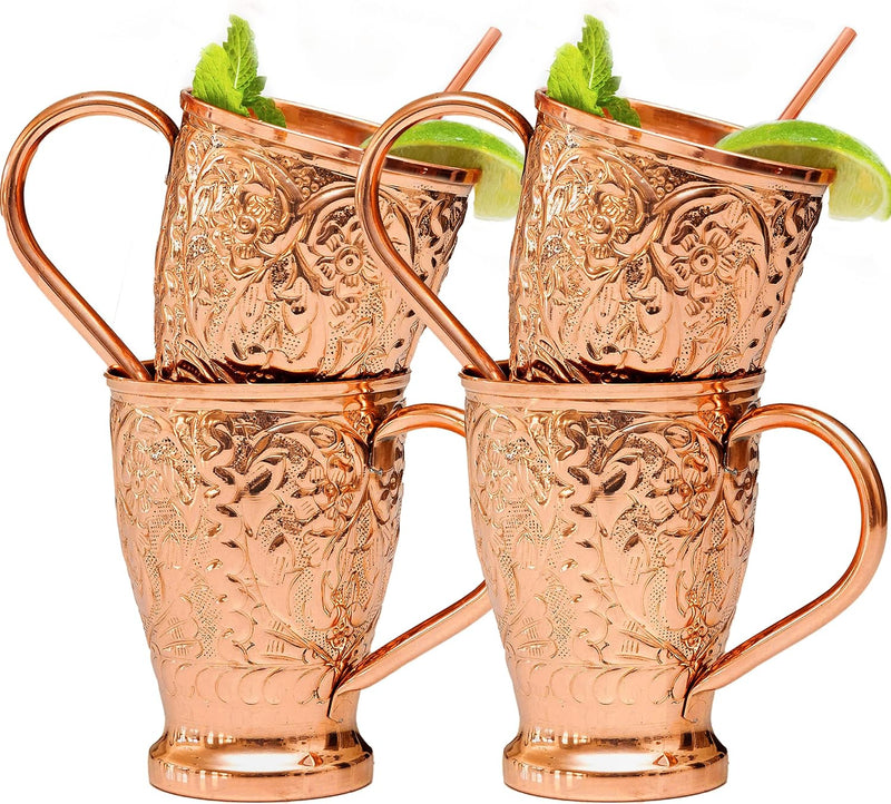 Kamojo Moscow Mule Cups Set of 4 - Premium Moscow Mule Copper Mugs with Unique Embossed Design & Anti-Tarnish, Food-Grade Coating - Copper Cups Gift Set with 4 Copper Straws & Recipe E-Book, 16 oz