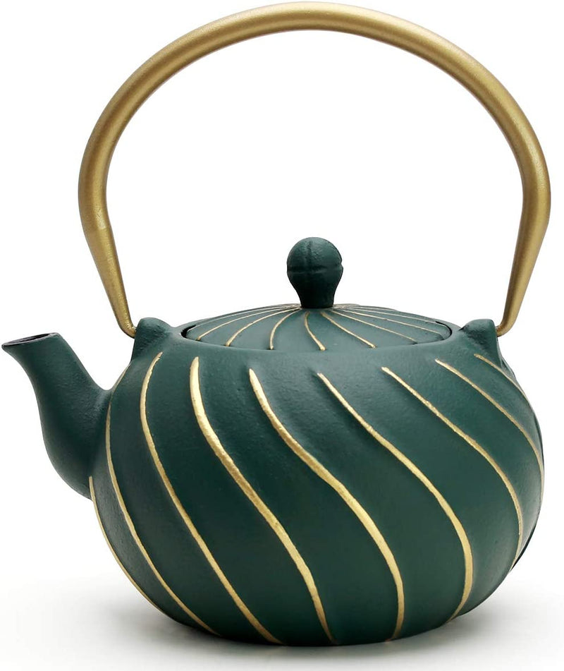 TOPTIER Japanese Teapot with Stainless Steel Infuser, Cast Iron Tea Kettle Stovetop Safe, Leaf Design Coated with Enameled Interior for 32 Ounce (950 ml), Light Green