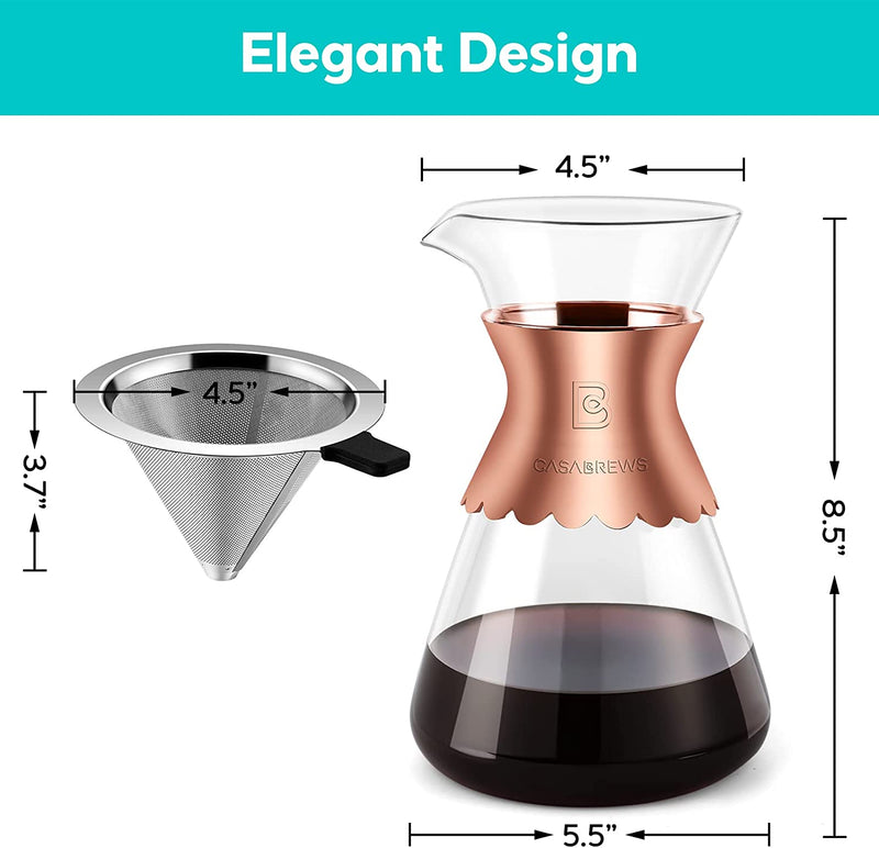 CASABREWS Pour Over Coffee Maker, Coffee Dripper Brewer with Reusable Double-layer Stainless Steel Filter, 34oz Heat Resistant Glass Coffee Pot, Elegant Coffee Carafe, Rose Gold