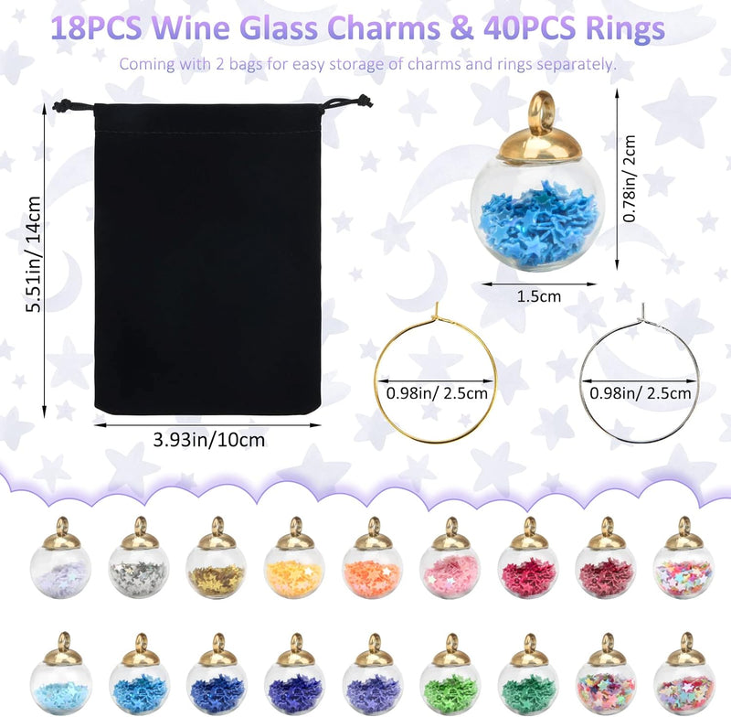 Anglecai 18Pcs Wine Glass Charms Tags Identification, Decorate Wine Glass Drink Markers with 40Pcs Rings/ 2Pcs Velvet Bags, Funny Wine Charms for Stem Glasses Cocktail Tasting Party