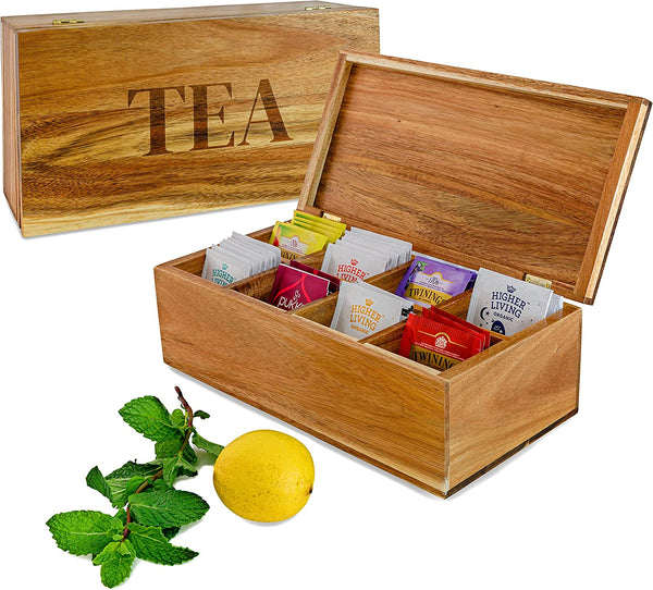 Merazi Living Sustainable Acacia Wood Tea Box - An Ideal Tea Box Organizer, Tea Storage Box, Gorgeous Wooden Tea Box and Tea Bag Organizer