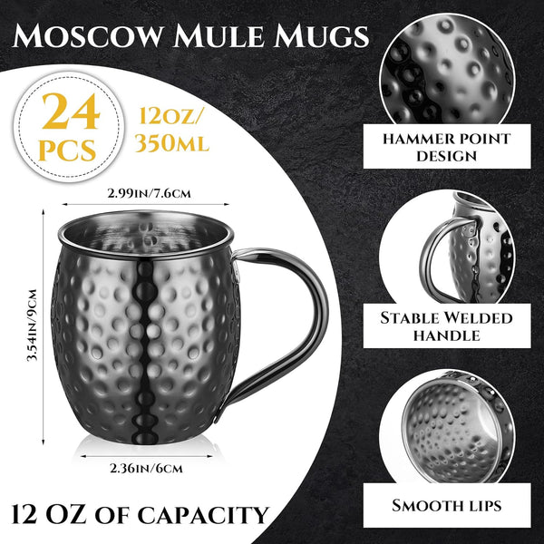 Roshtia 24 Packs Black Moscow Mule Mugs Bulk 12 oz Stainless Steel Mule Cups Copper Plated Mug Hammered Finish Cup Chilled Drink Mule Mug Mule Mug for Cocktail Mug Wedding Birthday Gift Drinkware
