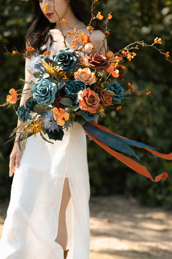 Dark Teal and Burnt Orange Large Bridal Bouquet