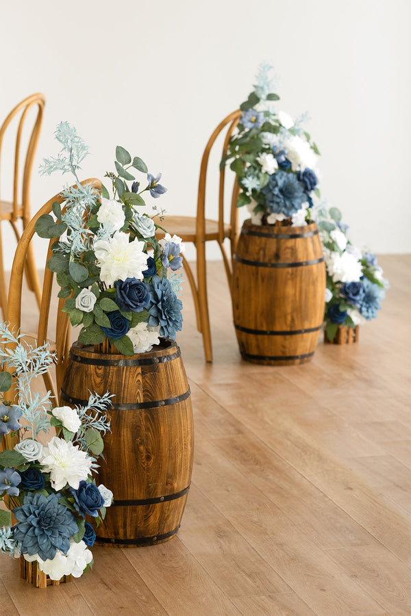 Wedding Aisle Runner with Dusty Blue and Navy Flower Arrangement