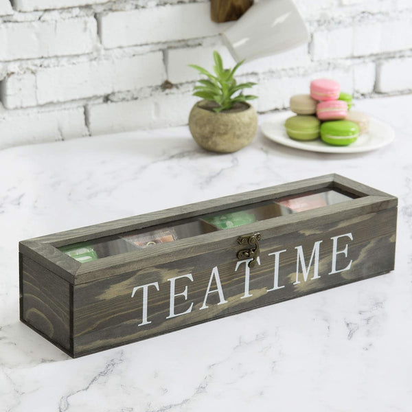 MyGift Vintage Gray Wood Tea Box Organizer Storage Box with 4 Compartments, Tea Bags and Condiments Chest with Lid with Latch