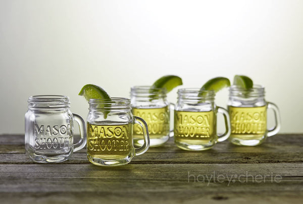 Hayley Cherie® - Mason Jar Shot Glasses with Leak Proof Lids (Set of 8) - Mini Mason Shooter Glass with Handles - 2 Ounces - For Drinks, Favors, Desserts, Parties, Gifts