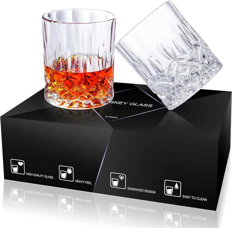 QUMMFA Whiskey Glasses, Set of 8 Cocktail Glasses In Gift Box, 11 OZ Old Fashioned Glasses for Drinking Scotch Bourbon Cognac Vodka Rum Liquor, Rocks Glasses, Crystal Scotch Glasses, Gifts for Men