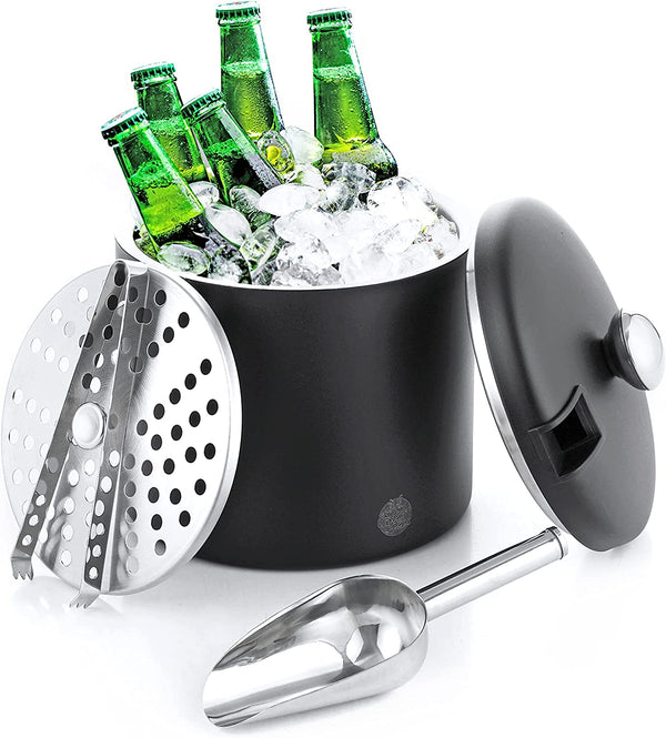 Cheersgene Ice Bucket Matte Black 3.4 Quarts Double Wall Insulated Stainless Steel Ice Bucket w/Strainer Lid Tong Scoop - Keep Ice Cold, Full set of accessories, Perfect for Home bar & Party, Gifts