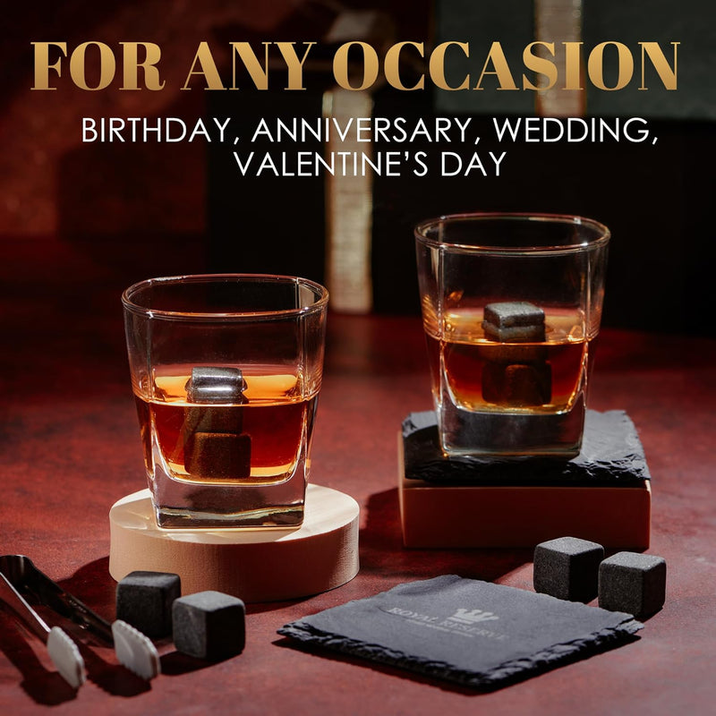 Whiskey Stones Gift Set by Royal Reserve – Artisan Crafted Scotch Bourbon Glasses, Chilling Rocks, Coasters and Tongs – Gift for Guy Men Dad Boyfriend Anniversary or Retirement