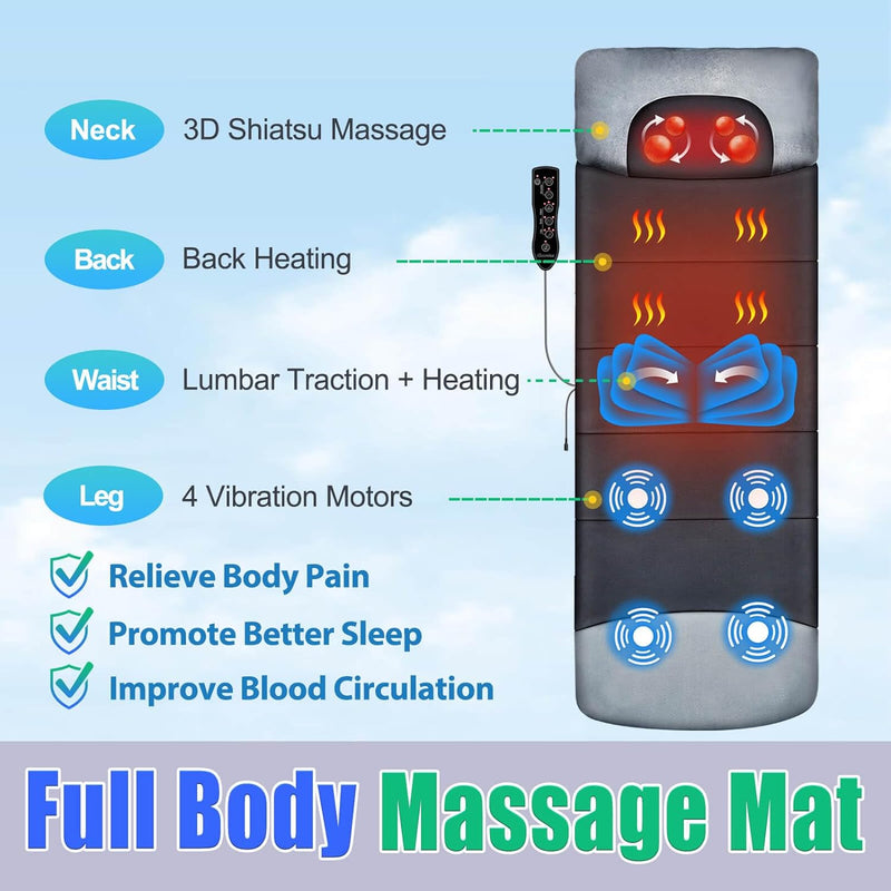 Full Body Massage Mat with Shiatsu Neck Massager, 3D Lumbar Traction & Relaxation, Back & Waist Heat, 4 Vibrating Motors, Full Body Massager for Stretching & Circulation, No Weight Limit, Fit 5'1-6'2