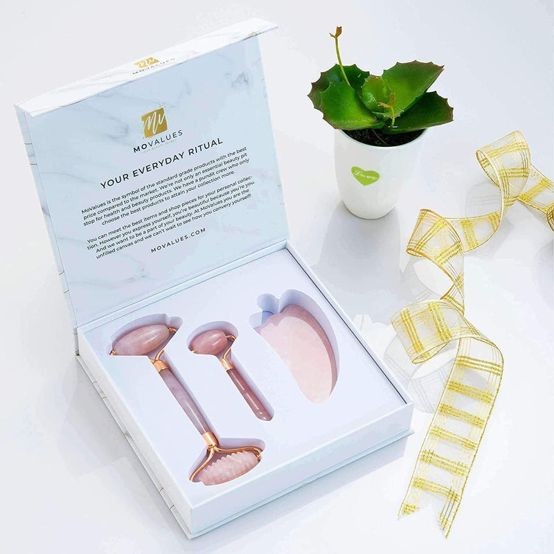 Rose Quartz Roller with Gua Sha, Mini Eye Roller set - Jade Roller for Face - Face Roller 100% Natural Authentic Crystal - Face Massager, Facial Roller for Skin Care, Eyes, Neck - Tones, Firms, Depuff