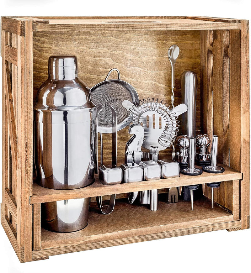 Oyydecor 18 Piece Cocktail Shaker Set with Rustic Pine Stand, Gifts for Men Dad Grandpa,Stainless Steel Bartender Kit Bar Tools Set, Home, Bars, Parties and Traveling (Silver)