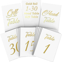 Gold Table Numbers 1-30 for Wedding Reception - Gold Foil Table Number Cards 4X6 Inch with Head & Gift Table - Restaurant Table Numbers - Wedding Numbers for Tables Card Stock Wedding Table Numbers