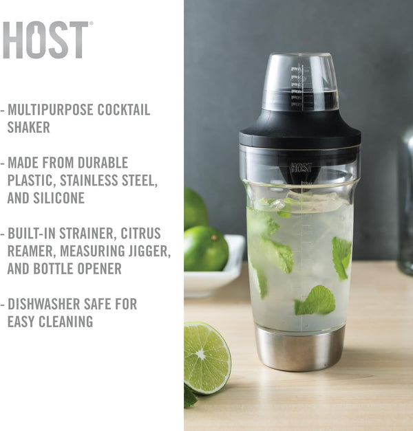HOST All in One Cocktail Shaker Set | 5 in 1 Tool - Jigger Cap | Strainer | Reamer | Stainless Steel Bottle Opener and Oz and mL Markers 18 oz Capacity - Multitool Bartending Mixer for Drinks