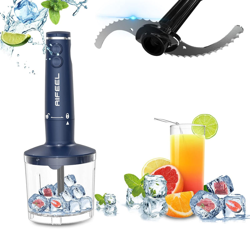 Aifeel Immersion Hand Blender, Set with 500ML Food Processor, Ice Crusher. 600ML Measuring Cup, SUS blending attachment and Wire Whisk - Blue