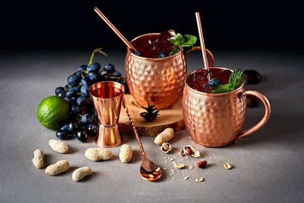 ALARUE Moscow Mule Copper Mugs Set - 4 Authentic Handcrafted Mugs (16 oz.) with 4 Copper Straws, Stirrer and Jigger - Food Safe Pure Solid Copper - Gift set with Recipe Book