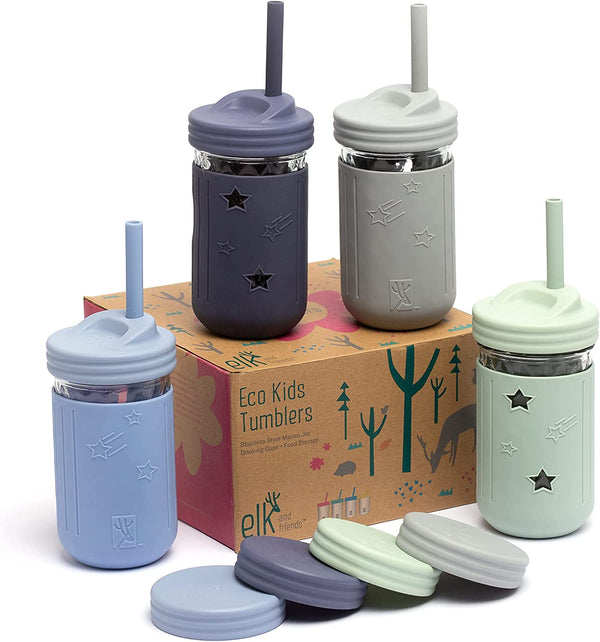 Elk and Friends Smoothie Cups For Kids & Toddler | The Original Glass Mason Jars 12 oz with Silicone Sleeves & Straws |Spill Proof|