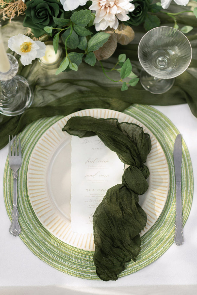 Cheesecloth Table Linen Set in Emerald  Beige