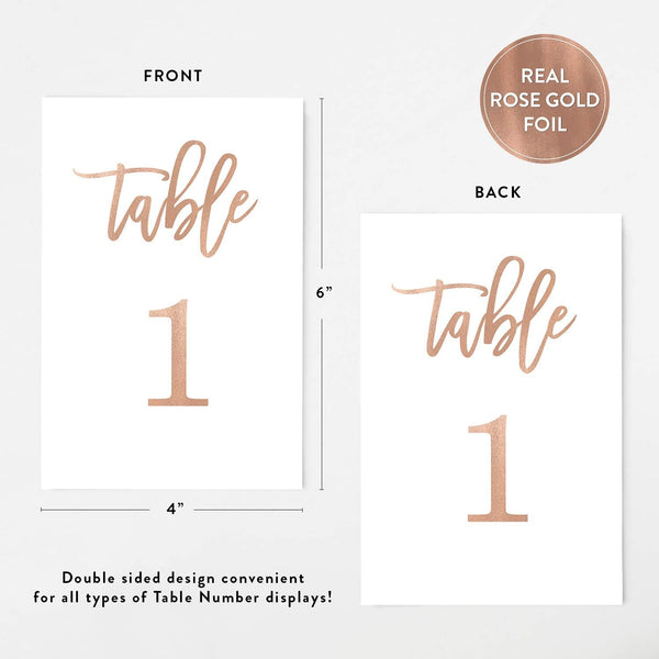Rose Gold Foil Wedding Table Numbers (Color Options Available), 4X6 Modern Calligraphy Foil Design, Double Sided, Numbers 1-25 (Rose Gold Foil)