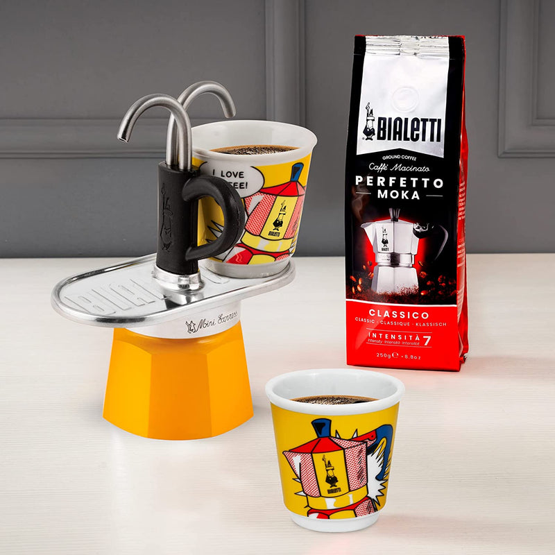 Bialetti - Mini Express Lichtenstein: Moka Set includes Coffee Maker 2-Cup (2.8 Oz) + 2 shot glasses, Yellow, Aluminium