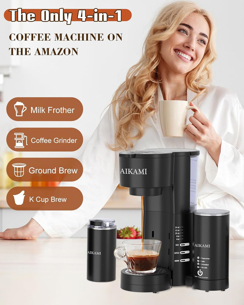 4 IN 1 Mini Coffee Maker Single Serve with Milk Frother and Coffee Grinder, Coffee Makers for K Cup & Ground, 6 to 14 Oz Brew Sizes, Coffee Machine with Water Window and Descaling Reminder, Black