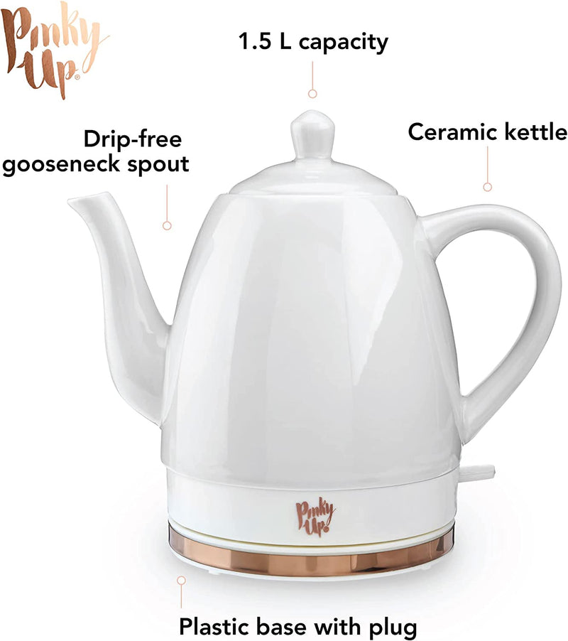 Pink Up Noelle Electric Tea Kettle, Gooseneck Kettle, Hot Water Dispenser, Pour Over Coffee, Automatic shut off, Cordless, Electric Teapot, 1.5L, Ceramic, Grey