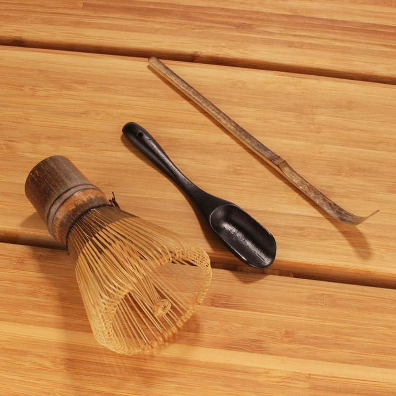 BambooMN Matcha Whisk Set - Black Chasen (Tea Whisk) + Black Chashaku (Hooked Bamboo Scoop) + Black Deep Scoop - 1 Set