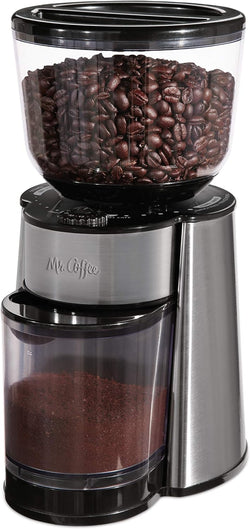 Mr. Coffee Automatic Burr Mill Coffee Grinder with 18 Custom Grinders, Silver