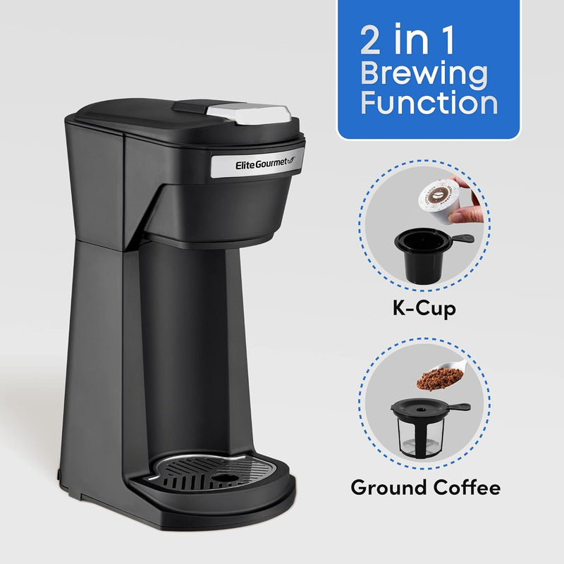 Elite Gourmet EHC208RS Personal Single-Serve Compact Capsule Coffee Maker Brewer, Compatible with K-Cups and Grounds, Reusable Filter, 16 Ounce, Black