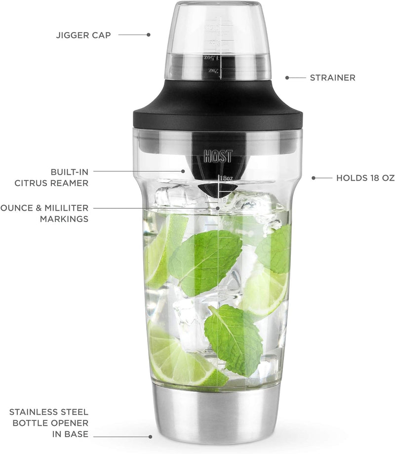 HOST All in One Cocktail Shaker Set | 5 in 1 Tool - Jigger Cap | Strainer | Reamer | Stainless Steel Bottle Opener and Oz and mL Markers 18 oz Capacity - Multitool Bartending Mixer for Drinks