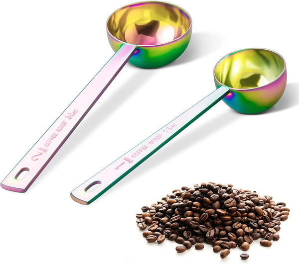 Premium coffee scoop set, set of 2, Metal stainless steel long handle coffee scoop, measuring coffee spoons contains 1 tablespoon (15 ml) and 2 tablespoons (30 ml) multicolor spoon.