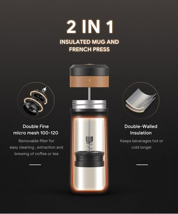 AioveBgren Portable Coffee Tea Maker French Press,Stainless Steel Insulated Double Wall Vacuum French Press, Hot and Cold Coffee Brewer Thermoses Cup, Great for Commuter, Camping, Outdoors and Office
