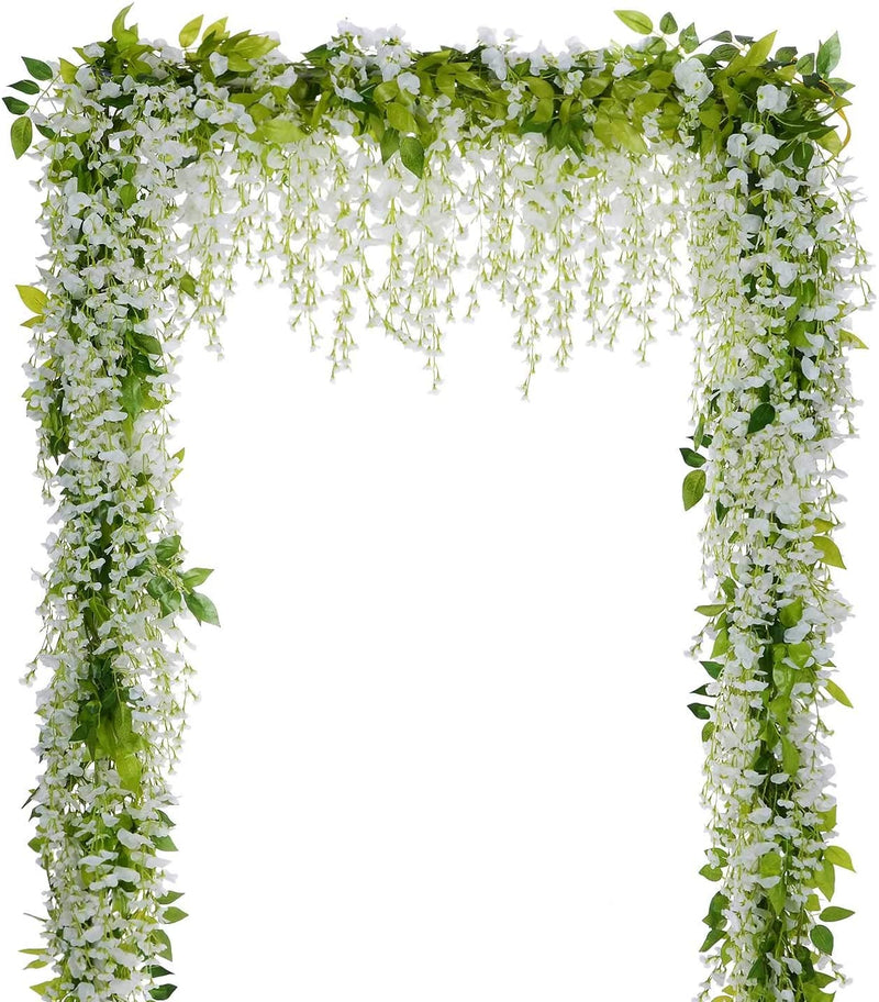 Lvydec Wisteria Artificial Flowers Garland, 4Pcs Total 28.8ft White Artificial Wisteria Vine Silk Hanging Flower for Home Garden Outdoor Ceremony Wedding Arch Floral Decor White,green
