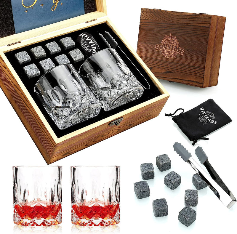 Sovyime Whiskey Stones Gifts for Men, Groomsmen Gifts, Granite Chilling Stones Bourbon Whiskey Glasses Set, Unique Birthday Gifts for Men Christmas Father's Day Valentine Retirement