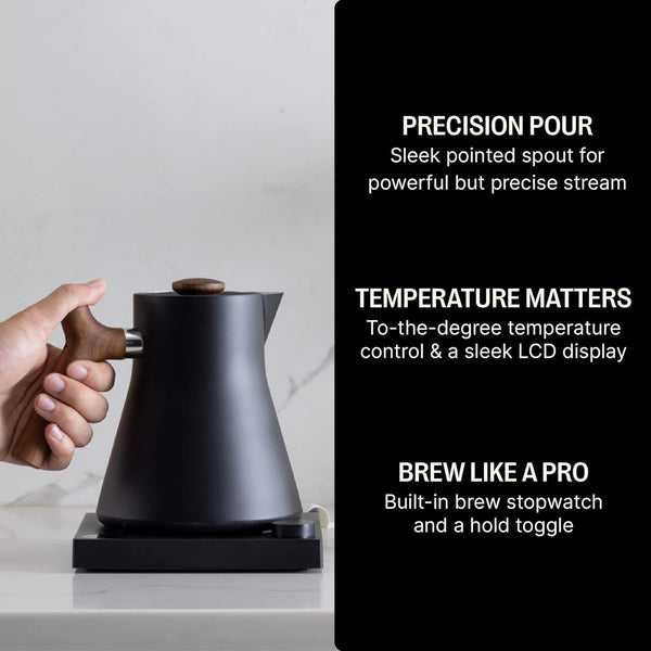 Fellow Corvo EKG Electric Tea Kettle - Electric Pour Over Coffee and Tea Pot-Quick Heating Electric Kettles-Temperature Control & Built-In Brew Timer-Matte Black with Walnut Handle-0.9 Liter