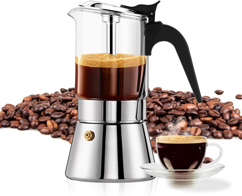 YOLIFE Premium Crystal Glass Top Stovetop Espresso Moka Pot - 9 Cups Stainless Steel Coffee Maker 360ml/12.7oz