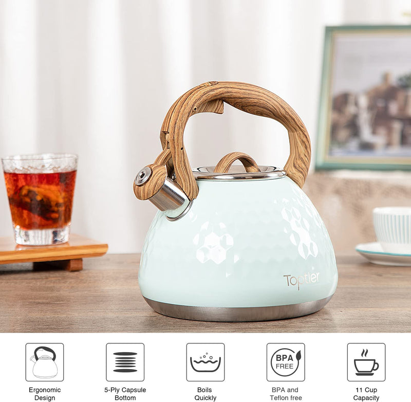 Tea Kettle, Toptier Teapot Whistling Kettle with Wood Pattern Handle Loud Whistle, Food Grade Stainless Steel Tea Pot for Stovetops Induction Diamond Design Water Kettle, 2.7-Quart Light Green