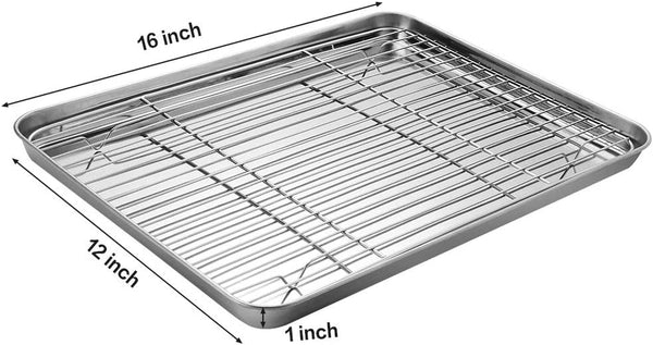 Stainless Steel Baking Sheet Tray Cooling Rack with Silicone Baking Mat Set, Cookie Pan , Set of 6 (2 Sheets + 2 Racks + 2 Mats), Non Toxic, Heavy Duty & Easy Clean