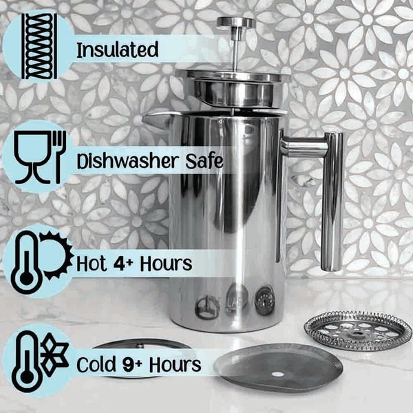 Stellar Living 34 OZ Stainless Steel French Press Coffee Maker with Double Vacuum Insulation, Maximum Flavor Coffee Brewer, Tea and Coffee Press, Camp Coffee Maker - Glossy Mirror Silver